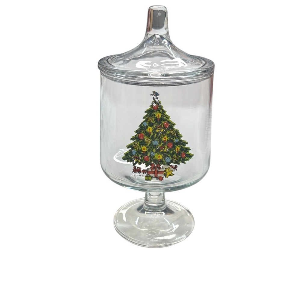 1985 CARLTON Christmas Tree Clear Glass Footed Candy Apothecary Jar
